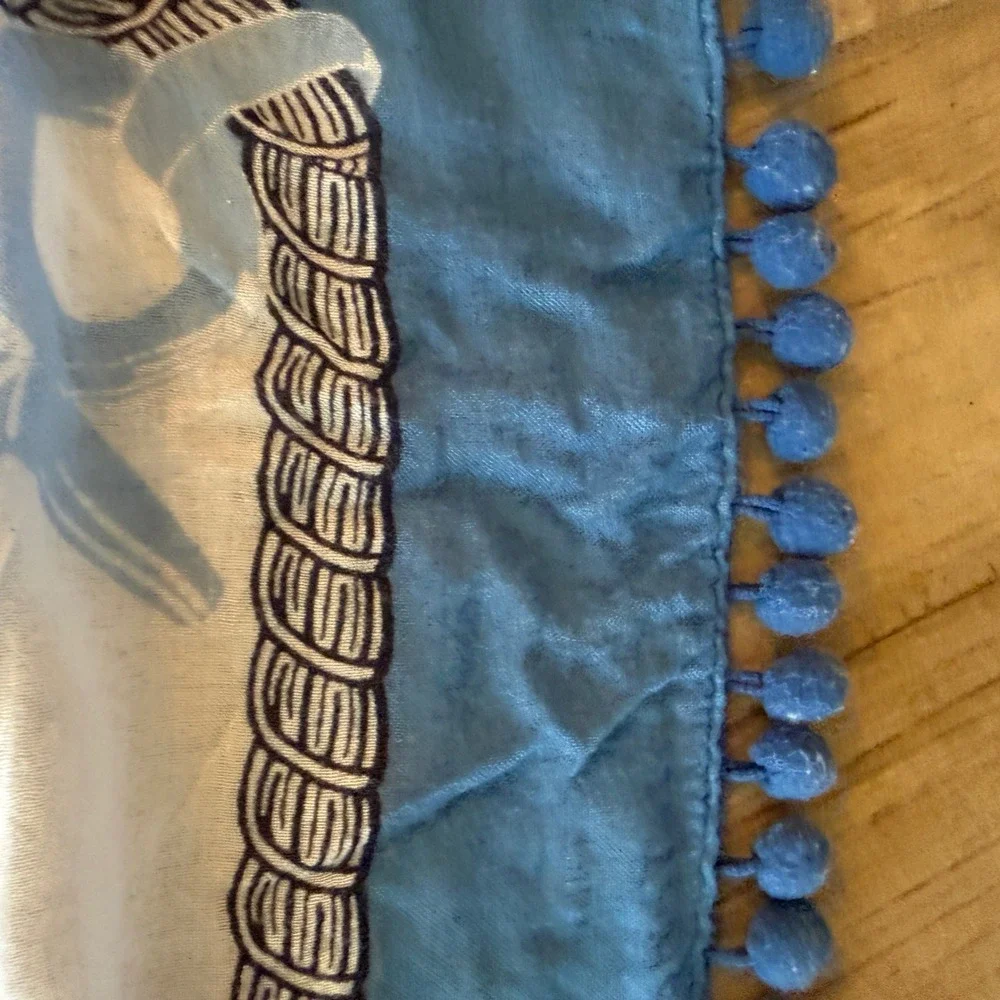 Nautical Square Scarf Blue White Anchor Ship Wheel Rope Pom Pom Trim 48x48